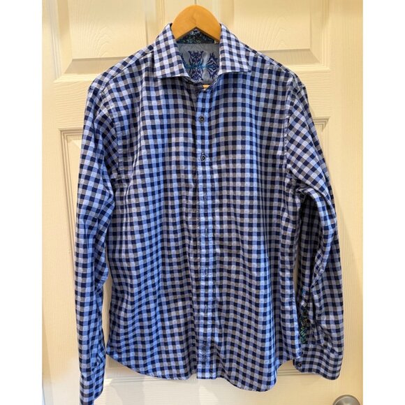 Mens Robert Graham Blue & White Gingham Button-Up Shirt With Embroidered - Picture 2 of 11